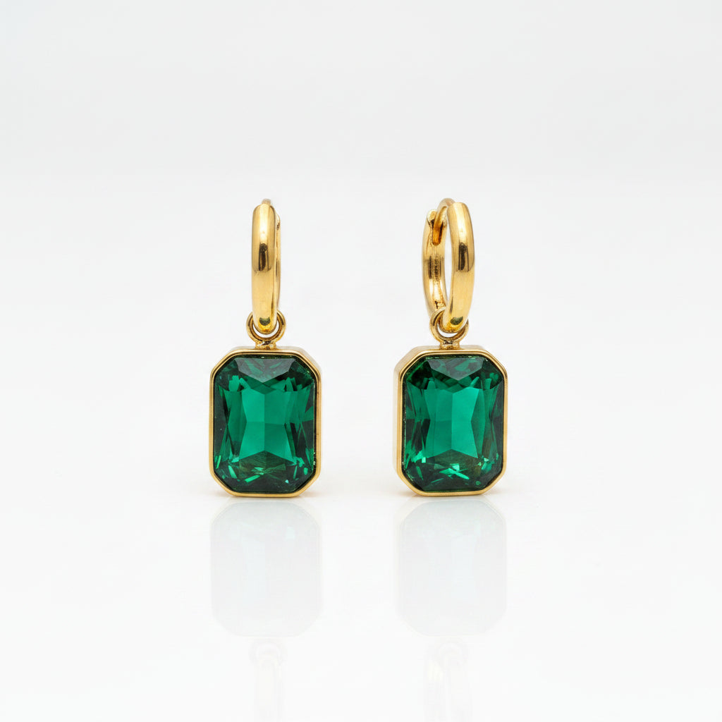 Square Zircon 18K Gold Plated S.Steel Huggie Earrings - FGS: Green