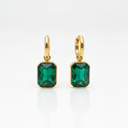 Square Zircon 18K Gold Plated S.Steel Huggie Earrings - FGS: Green