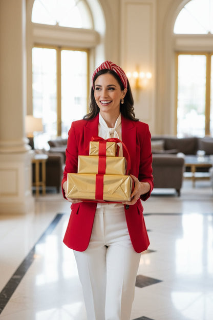 A Woman in a red blazer and red stripe sequin headband holding gold wrapped presents in a hotel setting.