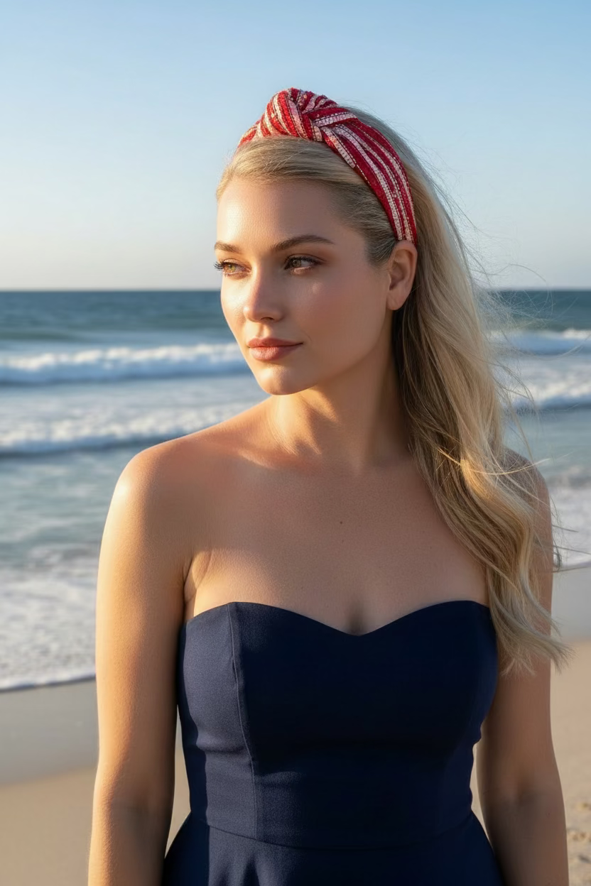 Woman in a strapless navy dress with a red and white headband on a beach