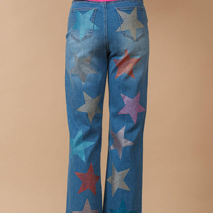 Back view of jeans with multi colored star shaped rhinestones 