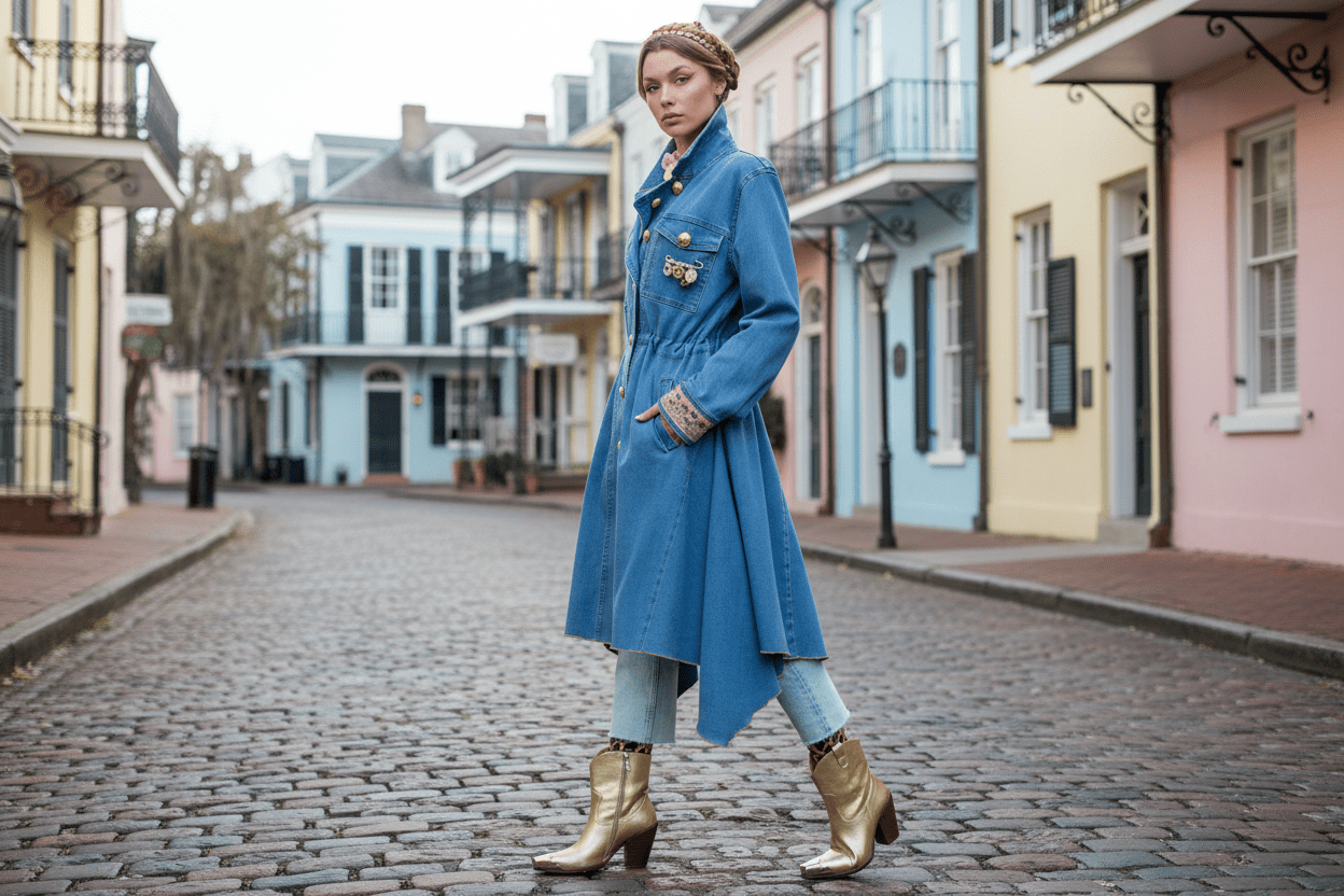Denim Statement Trench Coat with Embroidered Cuffs and Asymmetric Hem