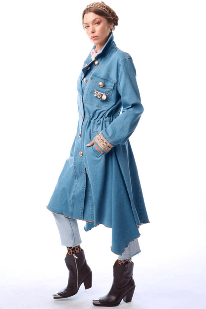 Denim Statement Trench Coat with Embroidered Cuffs and Asymmetric Hem