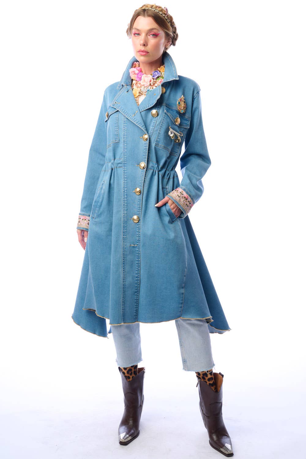 Denim Statement Trench Coat with Embroidered Cuffs and Asymmetric Hem