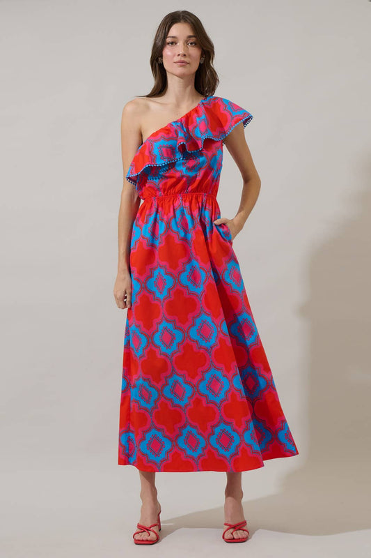 One Shoulder Maxi Dress, Red/Blue