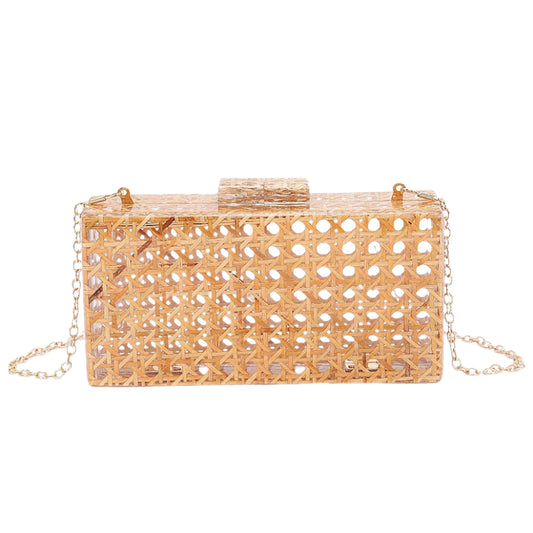 acrylic clutch with bamboo motif and gold chain
