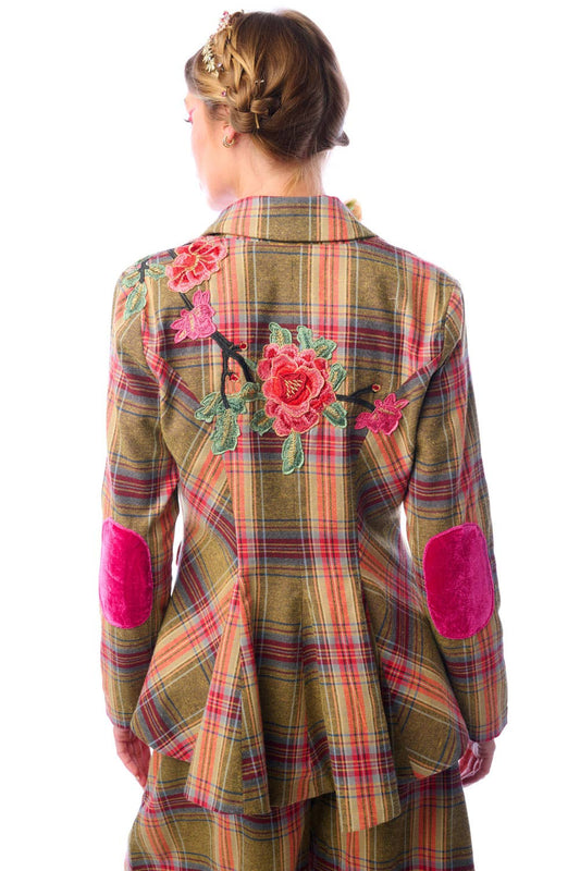 Embroidered Statement Blazer, Olive Plaid