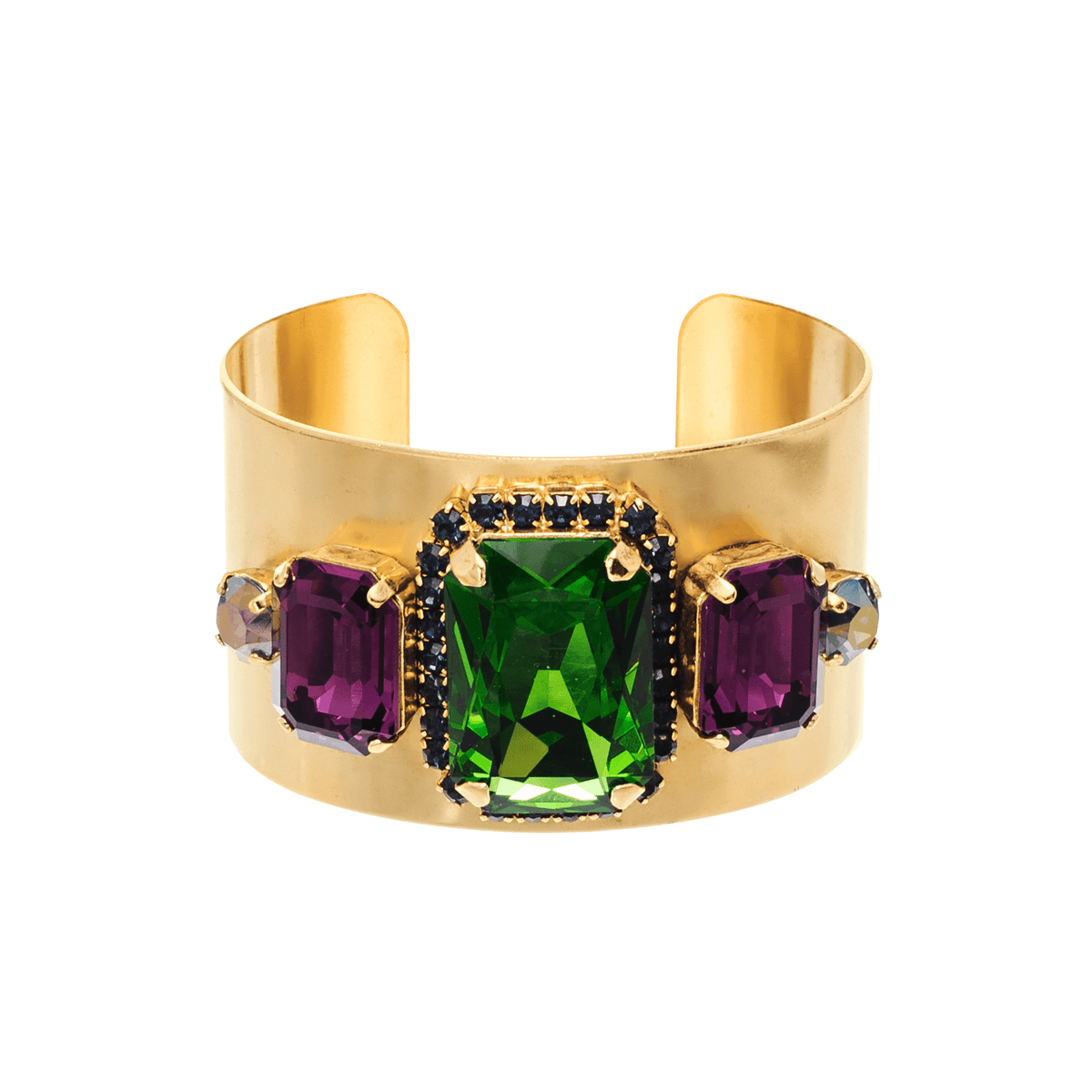 Gold bracelet with green and purple gemstones on a white background