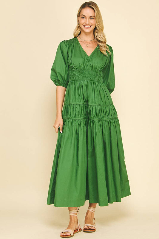 Green Smocked Midi Dress