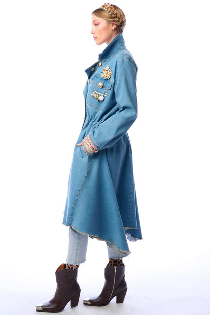 Denim Statement Trench Coat with Embroidered Cuffs and Asymmetric Hem