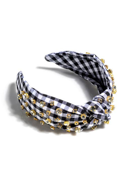 Embellished Gingham Knotted Headband - Black