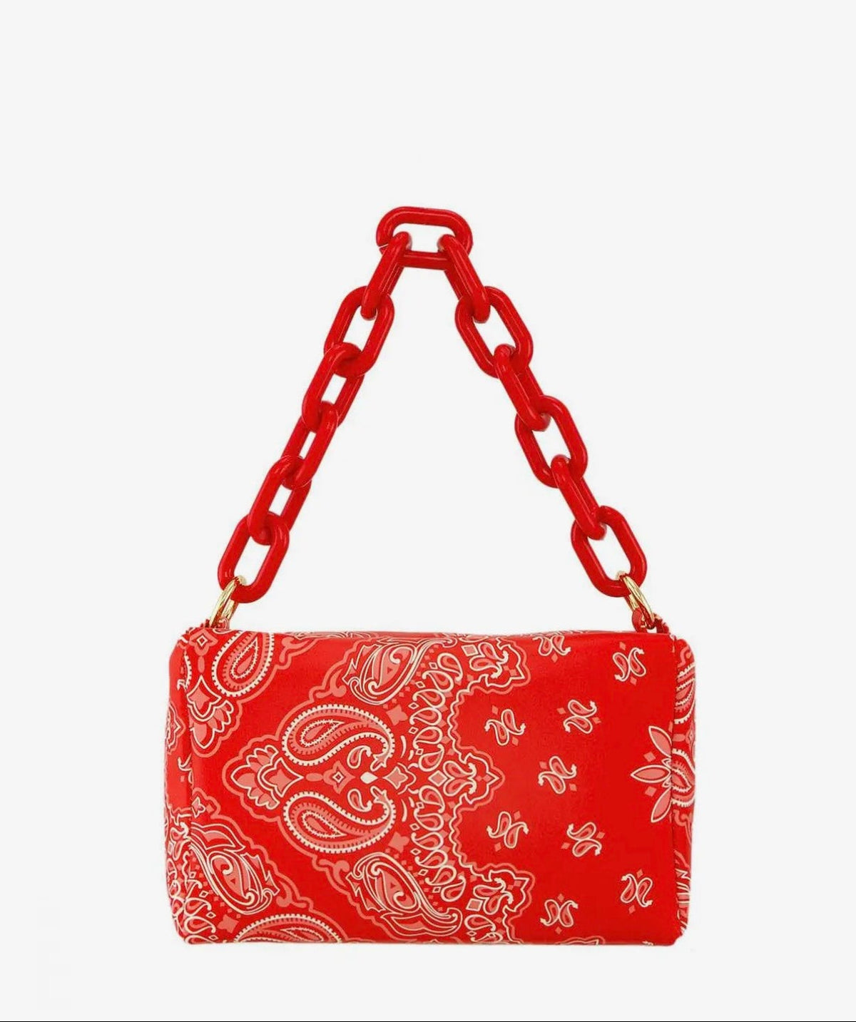 Red handbag with chain handle and bandana pattern on a white background