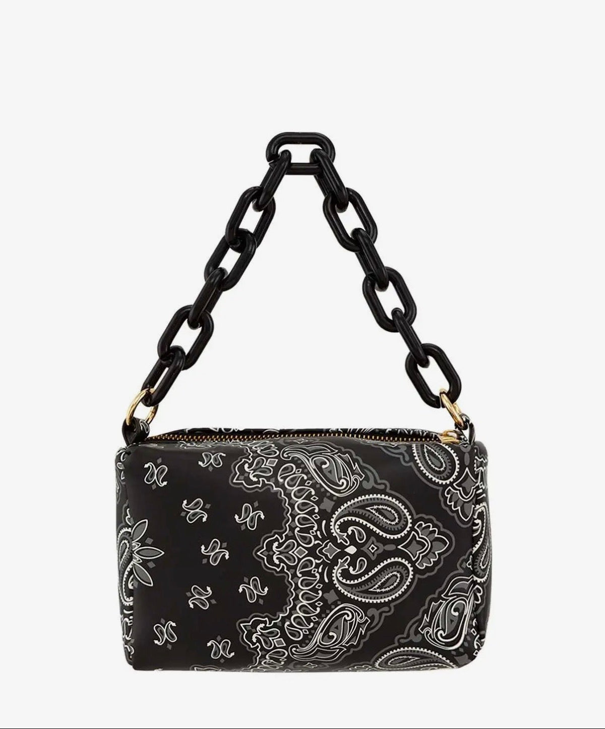Black handbag with chain handle and paisley pattern on a white background