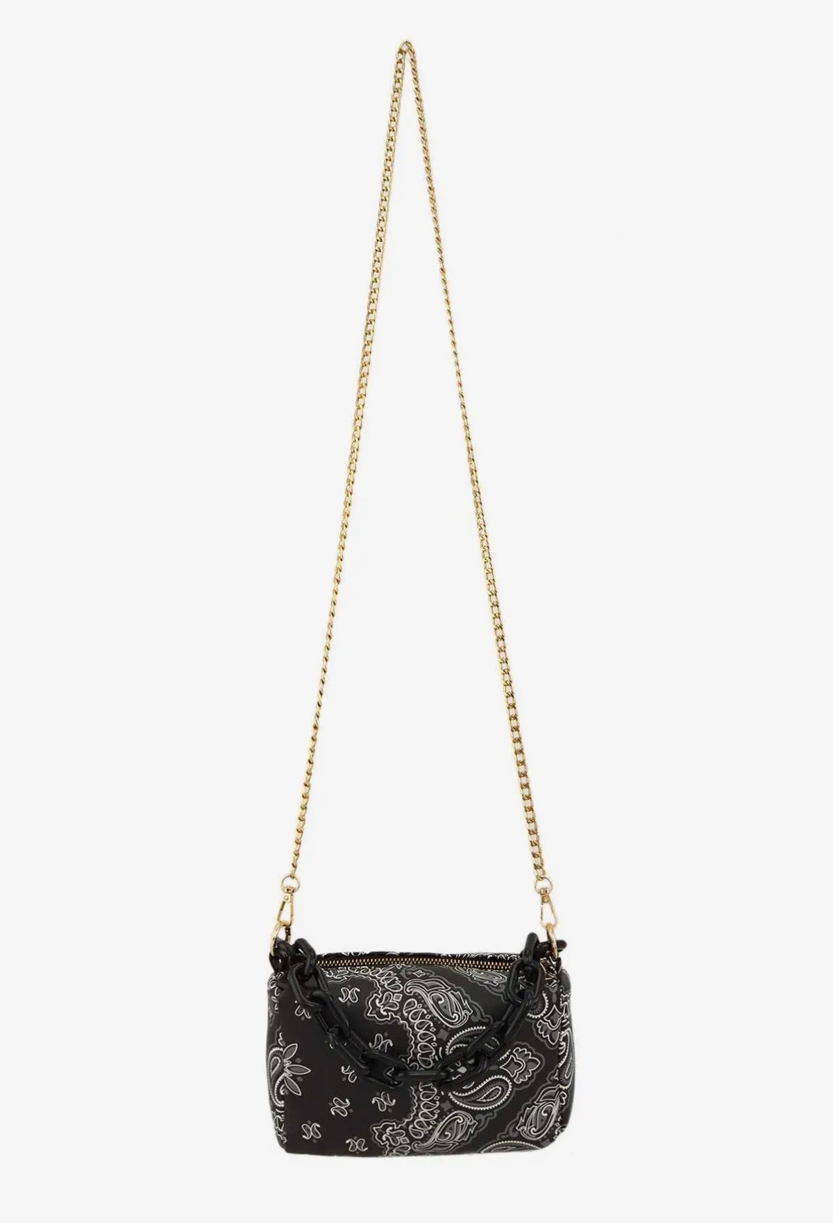 Black patterned handbag with a gold chain strap on a white background