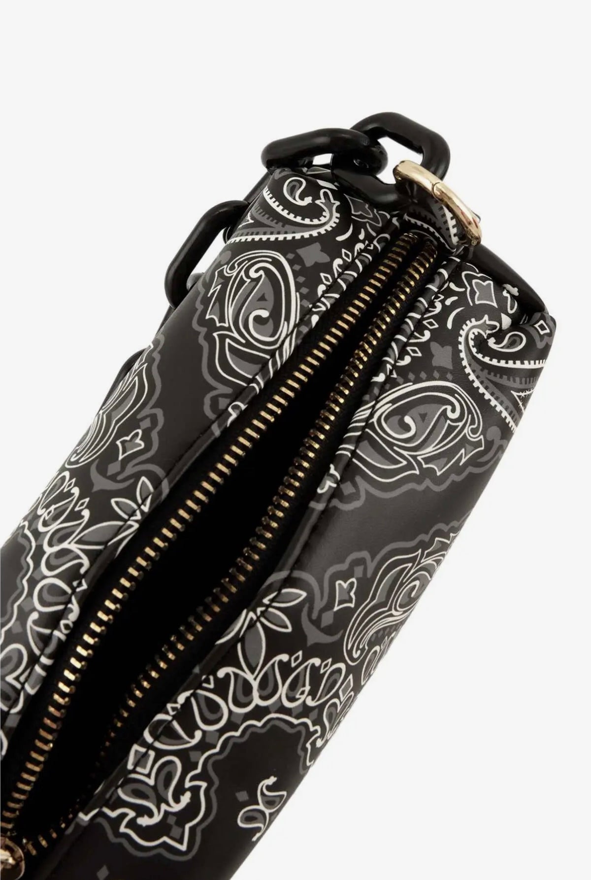 Black and white patterned bag with a zipper on a white background