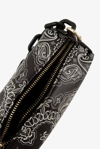 Black and white patterned bag with a zipper on a white background