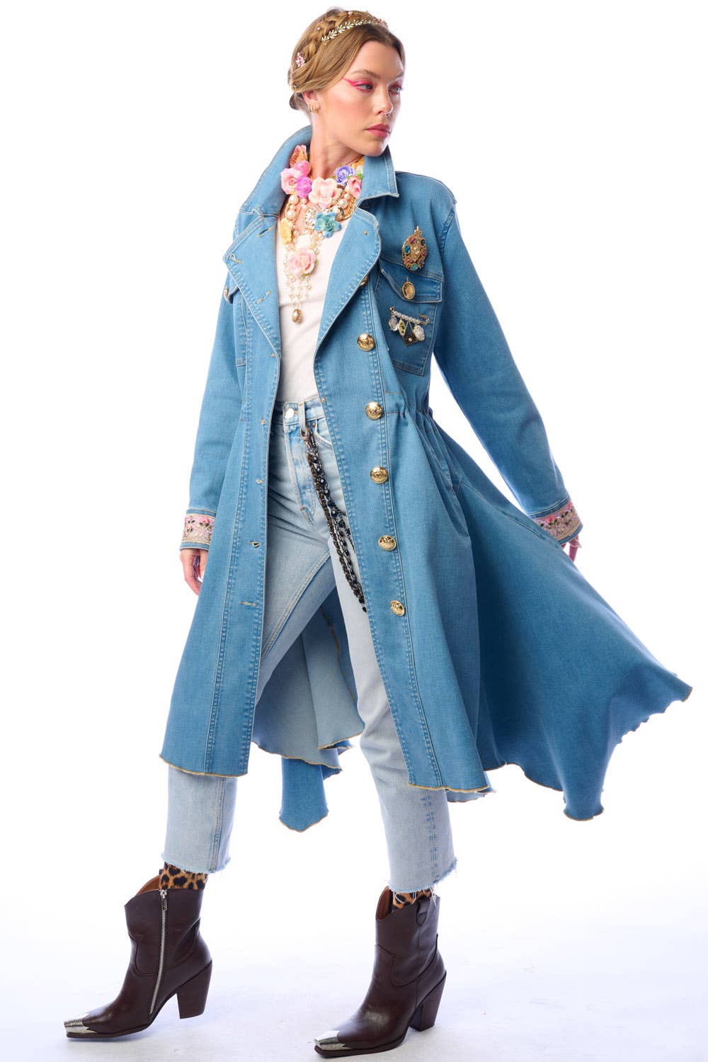 Denim Statement Trench Coat with Embroidered Cuffs and Asymmetric Hem