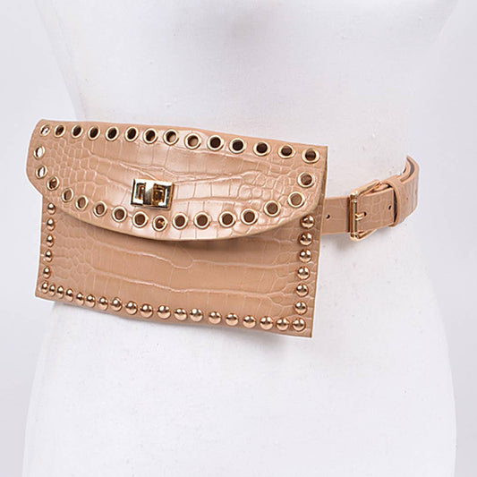 A beige belt bag with stud detailing, displayed on a mannequin waist.