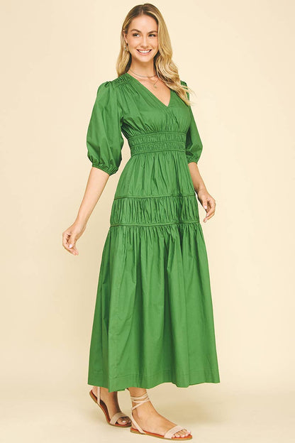 Green Smocked Midi Dress