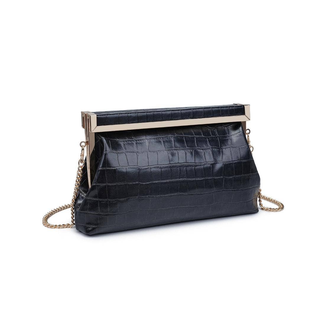 Black croc embossed evening bag with detachable gold crossbody chain — angled view showing hardware detail against a white background