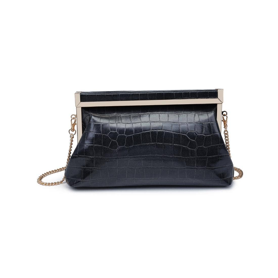 Black croc embossed clutch purse with gold chain on white background — front view showing textured vegan leather