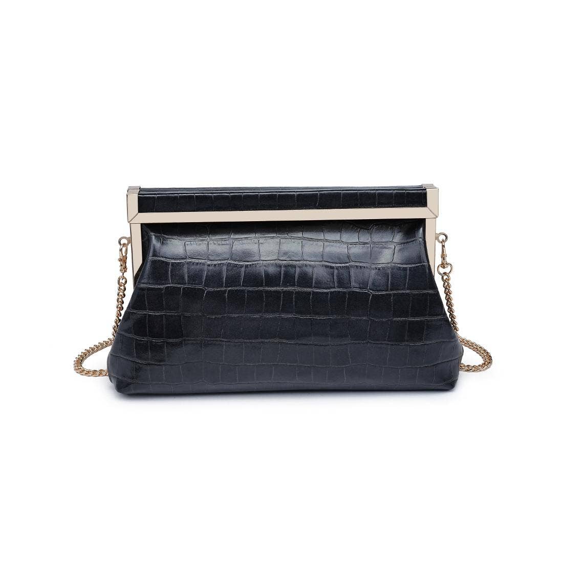 Black croc embossed clutch purse with gold chain on white background — front view showing textured vegan leather