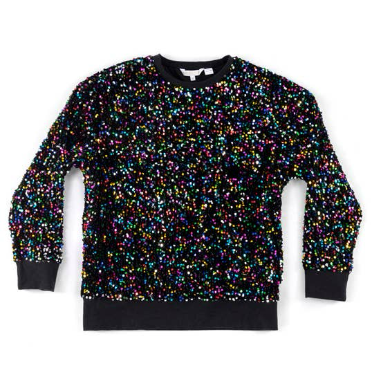 Black multicolor sequin pullover top with rainbow sequins — statement loungewear