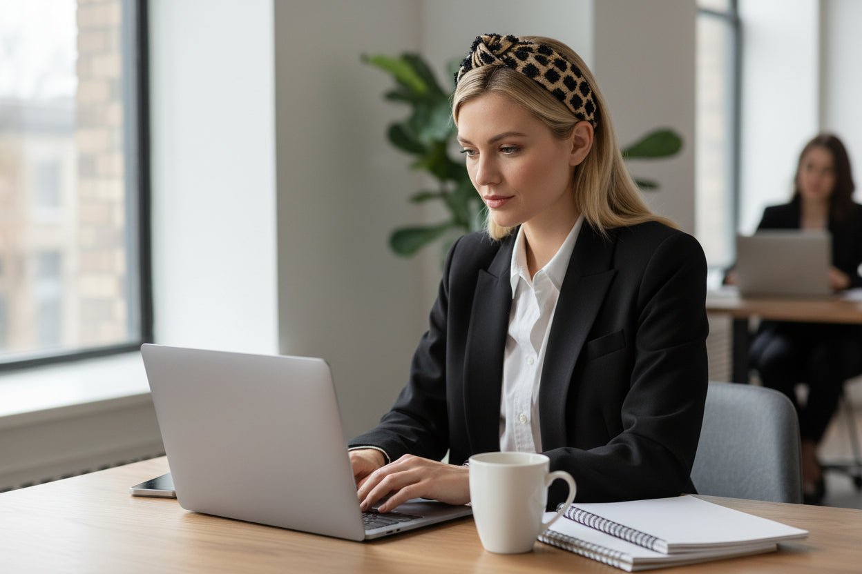 A blonde woman wearing a beige headband with black raffia embellishments in an interior office setting
