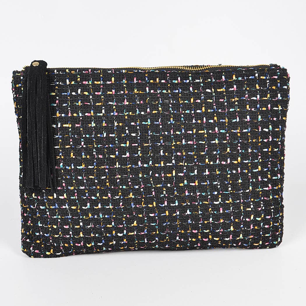 A black tweed pouch with a multicolored tassel on the side.