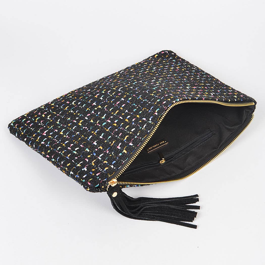 black tweed pouch with black tassel and open to show inside view