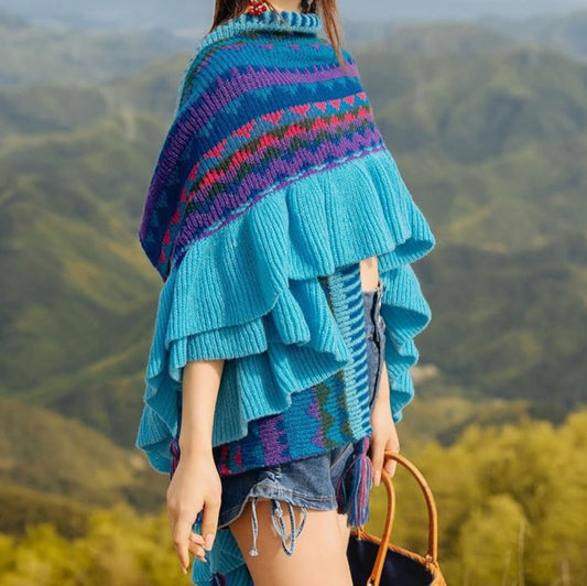 woman wearing blue multi colored wrap