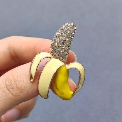 Enamel Half Skinned Banana Brooch Inlaid with Rhinestone
