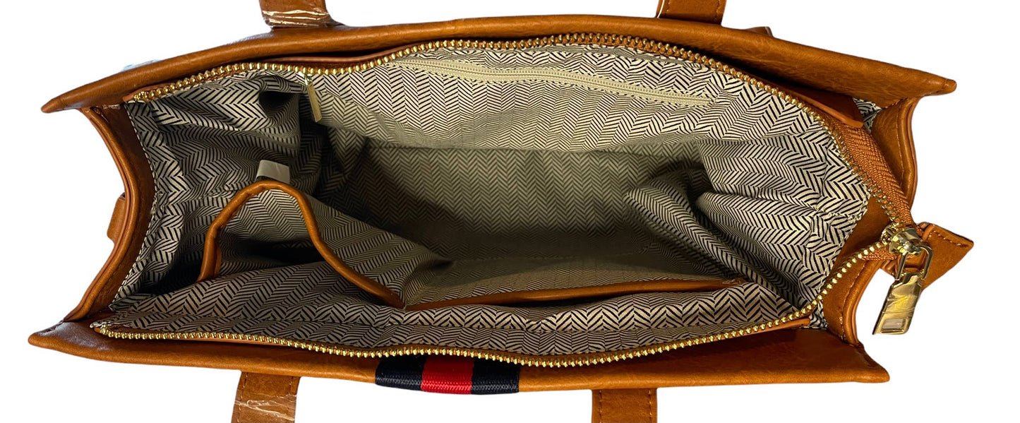 The Drea Striped Vegan Leather Messenger Mini Tote: Brown with Navy Stripe