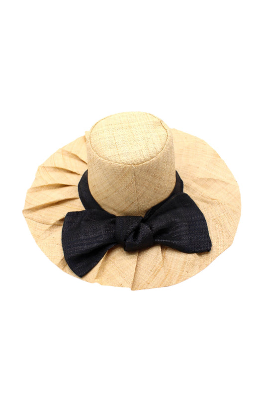 Pleated Raffia Sun Hat, Black Bow