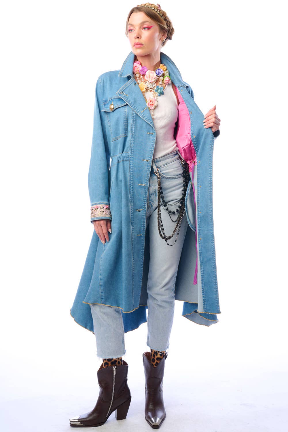 Denim Statement Trench Coat with Embroidered Cuffs and Asymmetric Hem