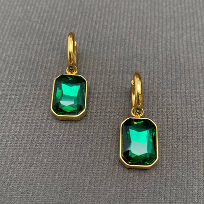 Square Zircon 18K Gold Plated S.Steel Huggie Earrings - FGS: Green
