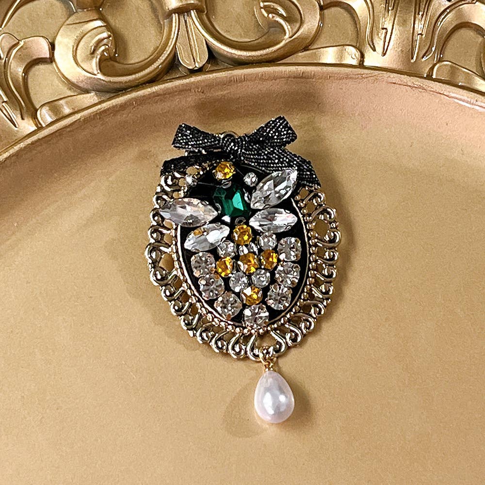 Elegant Black Bow Pearl & Crystal Decorated Brooch: A
