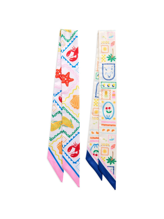 Two colorful scarves with patterned designs on a white background