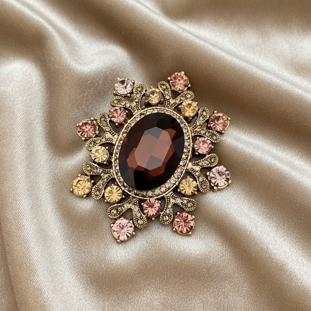 Cognac crystal starburst brooch against a grey textured background