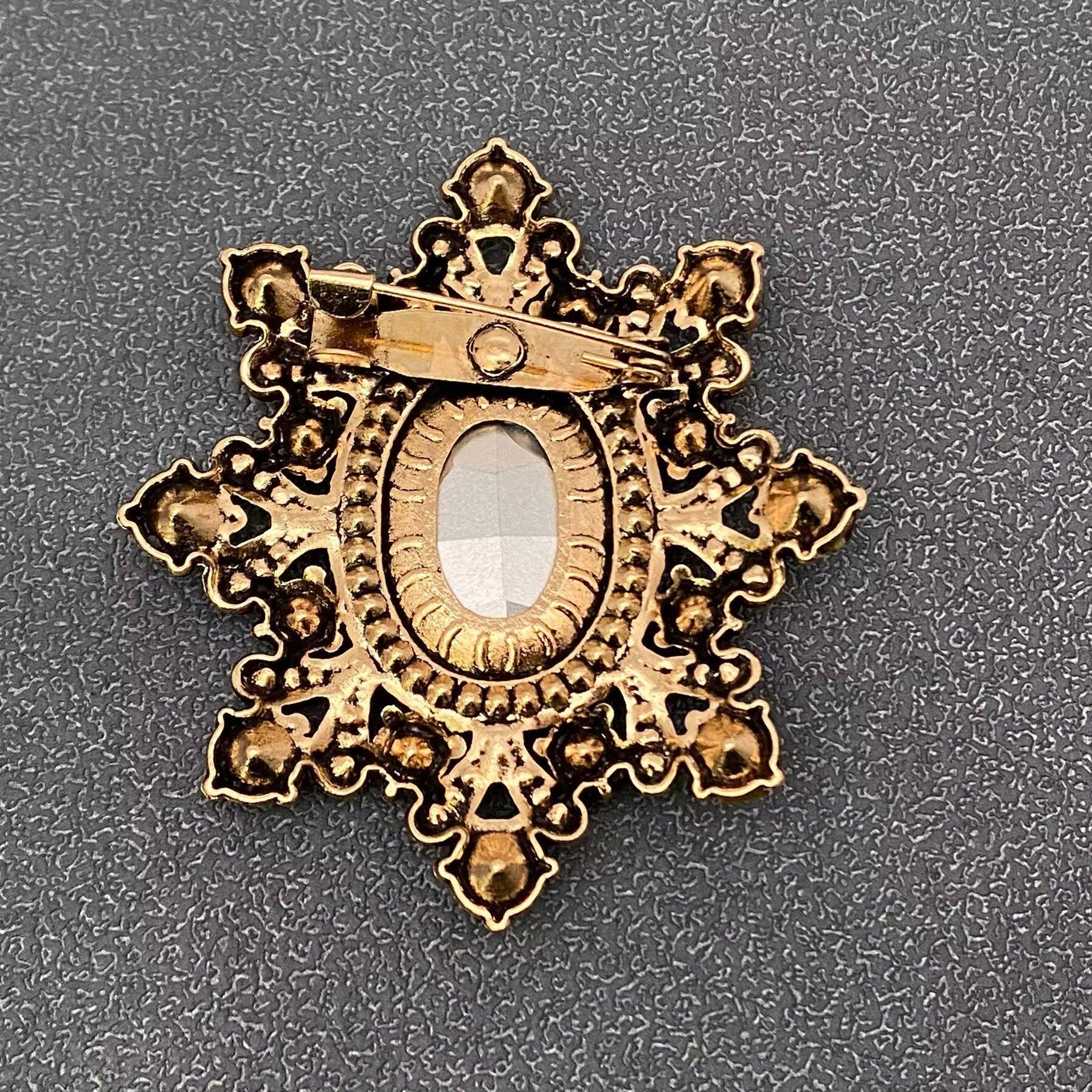 Back view of cognac crystal starburst brooch showing the pin closure against a grey textured background