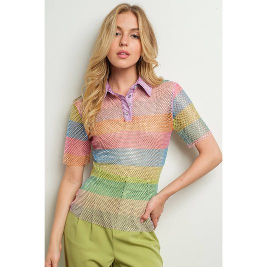 woman wearing color block mesh top and green pants