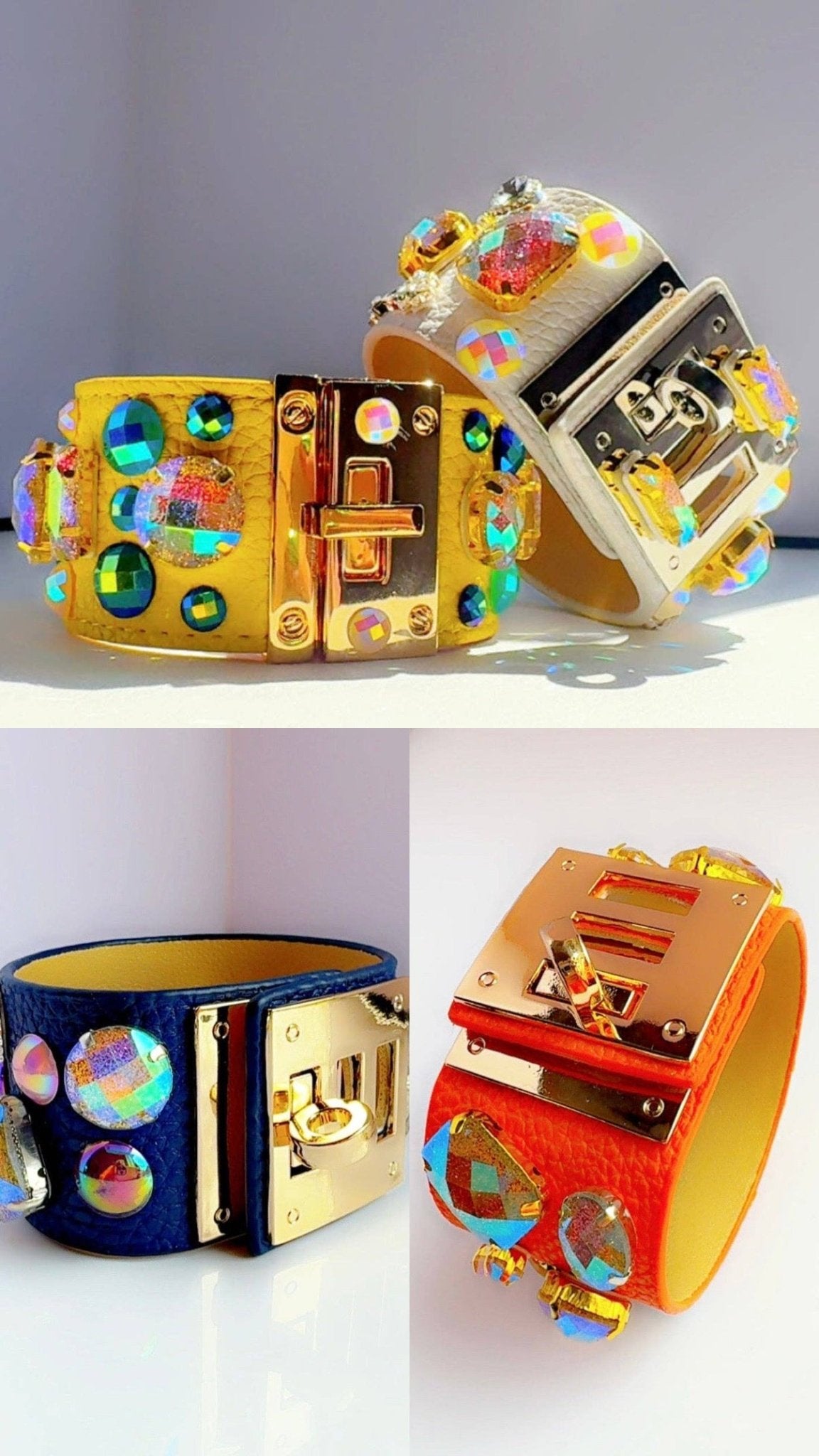 Colorful leather bracelets with gold lock closures on a white background