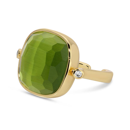 Gold ring with a green gemstone on a white background