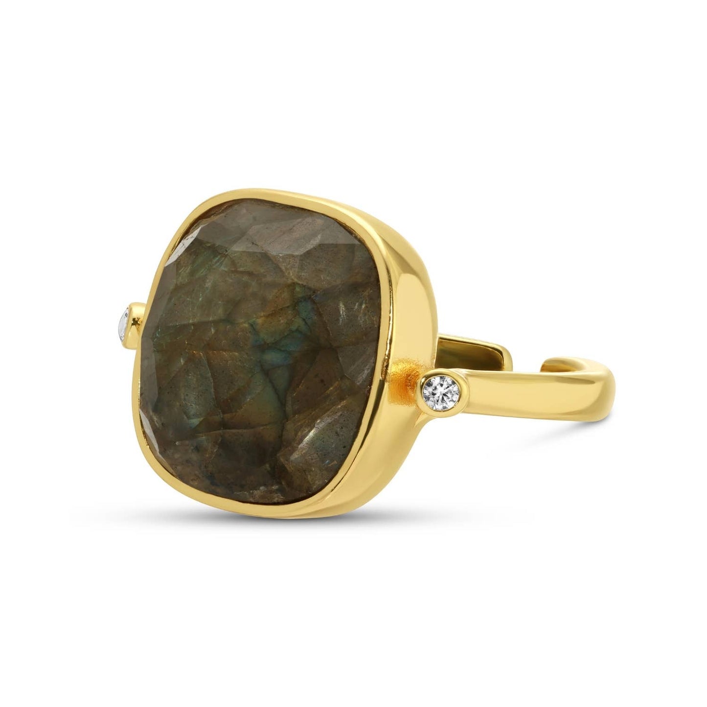 Gold ring with a large faceted smokey stone and smaller diamond on a white background
