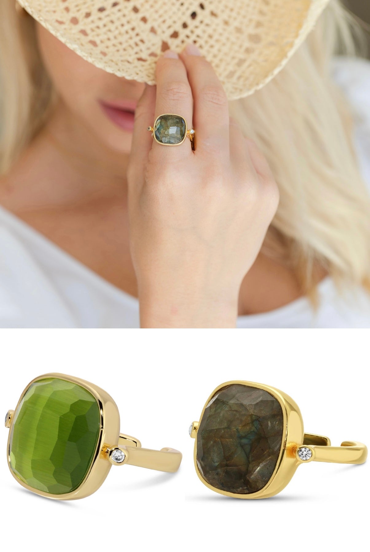 a collage including a lifestyle image of a woman in a straw hat wearing a gemstone ring with images of 2 gemstone rings up close