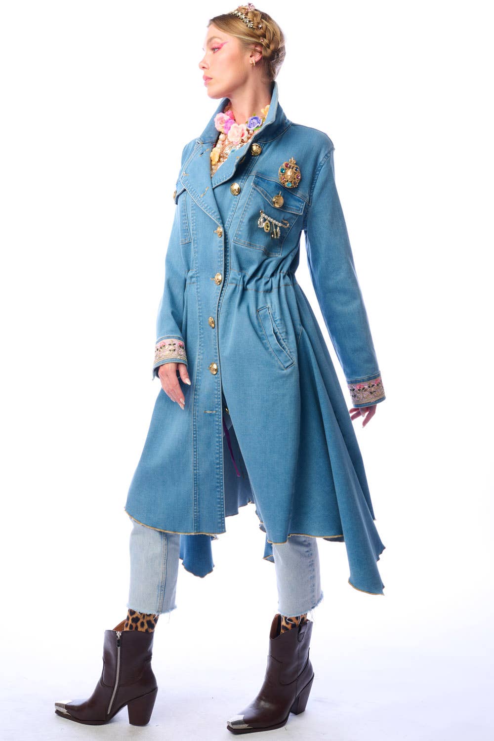 Denim Statement Trench Coat with Embroidered Cuffs and Asymmetric Hem