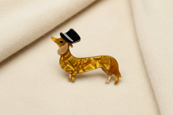 Dapper dachshund top hat acrylic brooch — JuJu Loves