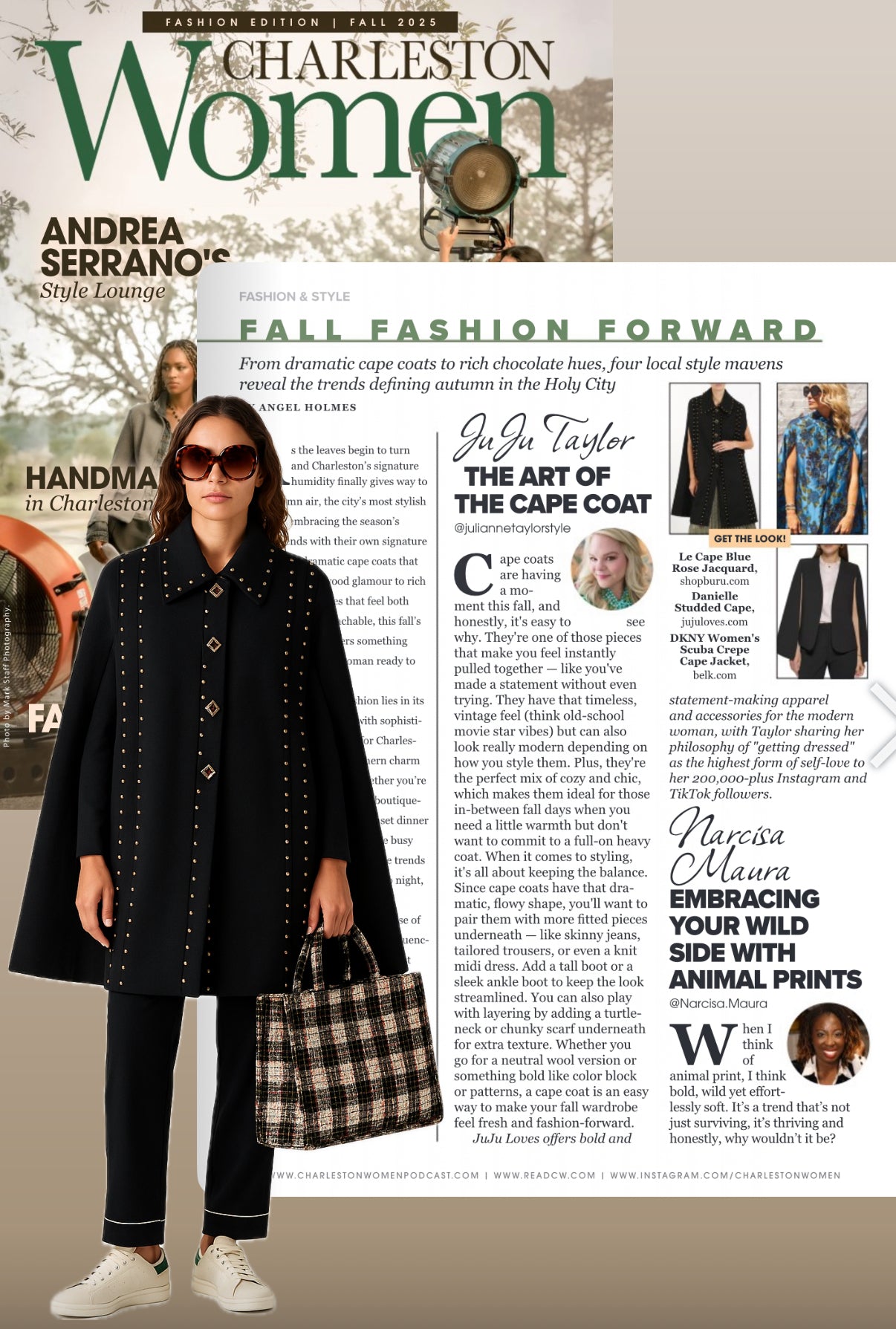 Woman wearing a black coat and sunglasses on a magazine cover with text about fall fashion.