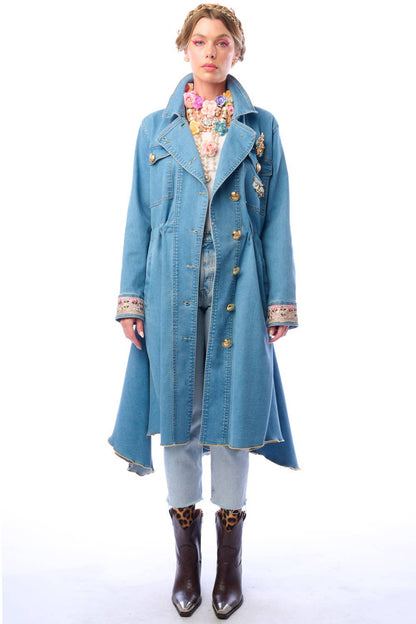 Denim Statement Trench Coat with Embroidered Cuffs and Asymmetric Hem
