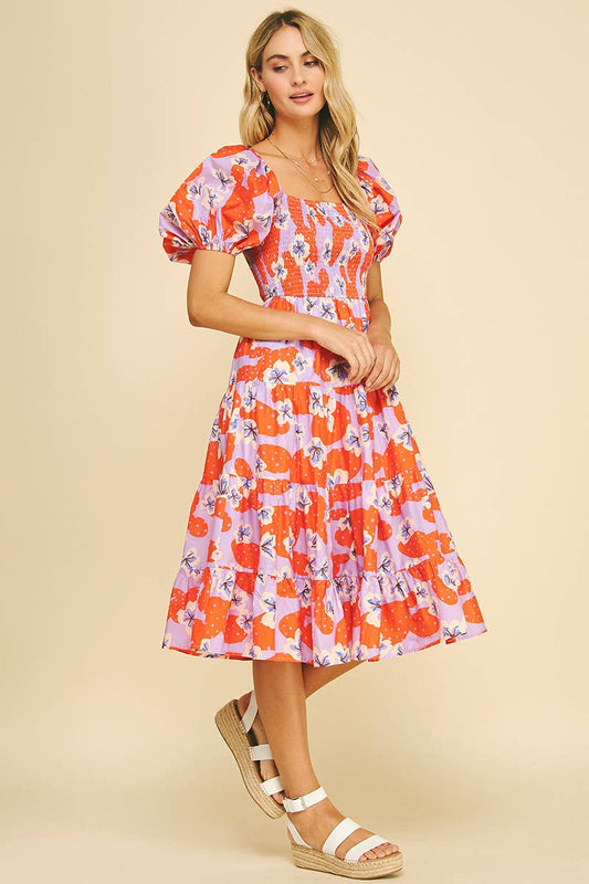 Floral Print Smocked Midi Dress, Lavender/Red
